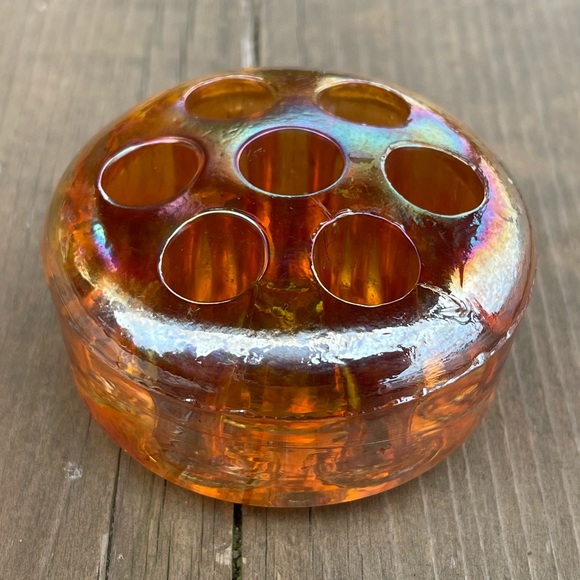 Vintage Iridescent Marigold Carnival Glass Flower Frog Floral Arranger - Picture 2 of 14